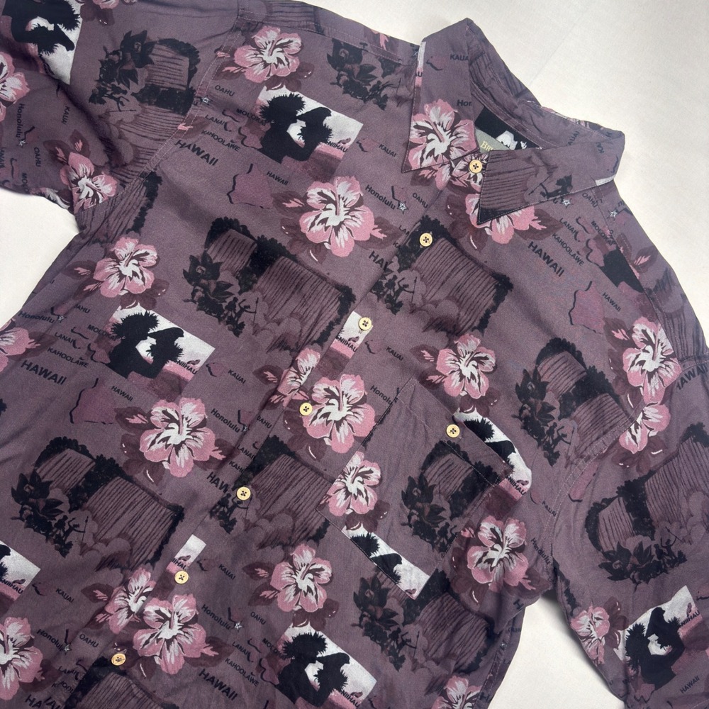 Bruno Mens XL Hawaiian Shirt Purple Rayon Hibiscus Map Print Short Sleeve Button